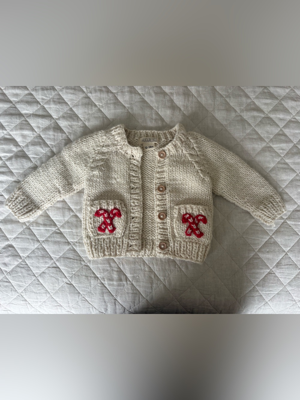 NWOT Holiday Cream Knit Baby Cardigan with Candy Canes on pockets